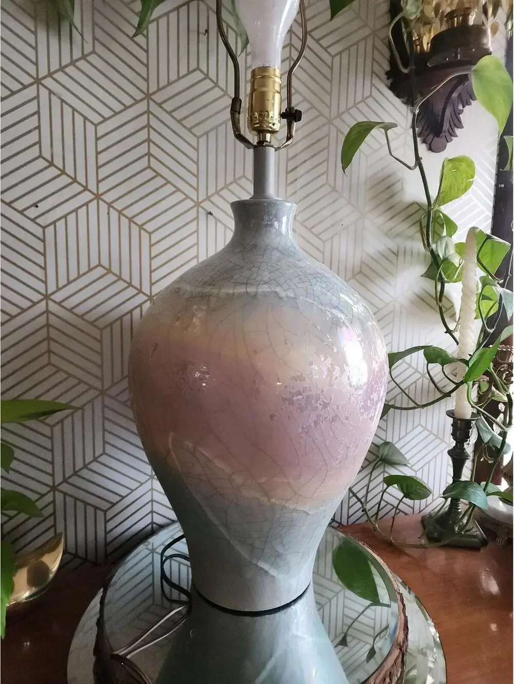 1980s Raku Glazed Ceramic Rainbow 3 way Table Lamp Made by Sunset Lamp Company